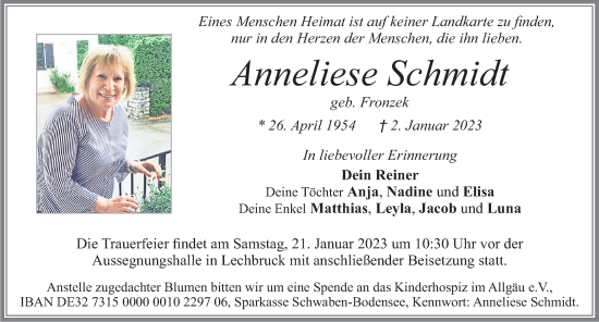 Traueranzeige von Anneliese Schmidt von Allgäuer Zeitung, Füssen