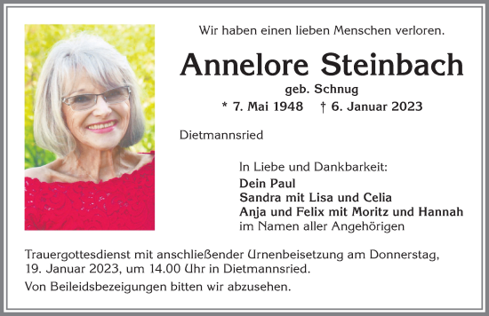 Traueranzeige von Annelore Steinbach von Allgäuer Zeitung,Kempten