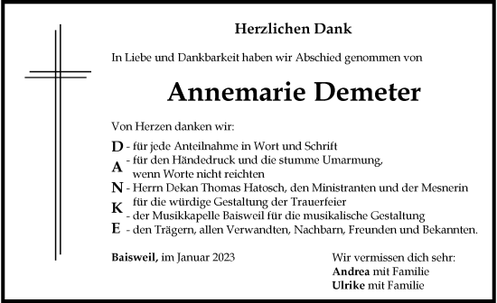 Traueranzeige von Annemarie Demeter von Allgäuer Zeitung, Kaufbeuren/Buchloe