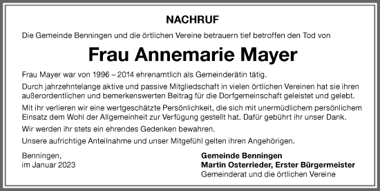 Traueranzeige von Annemarie Mayer von Memminger Zeitung
