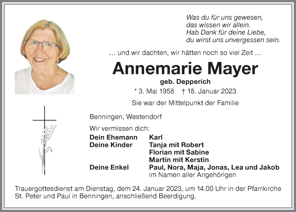 Traueranzeige für Annemarie Mayer vom 21.01.2023 aus Memminger Zeitung