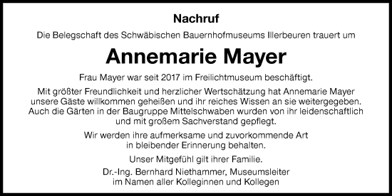 Traueranzeige von Annemarie Mayer von Memminger Zeitung