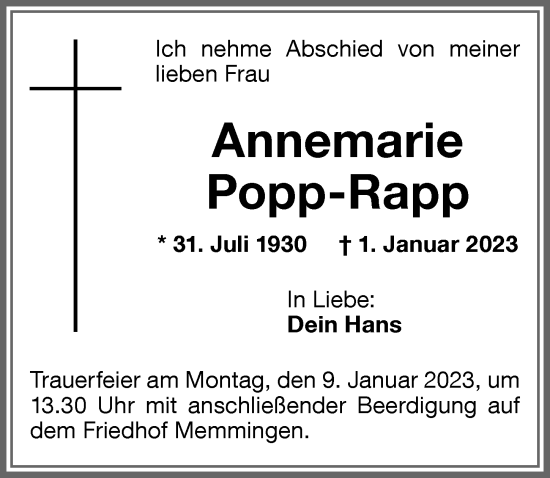 Traueranzeige von Annemarie Popp-Rapp von Memminger Zeitung