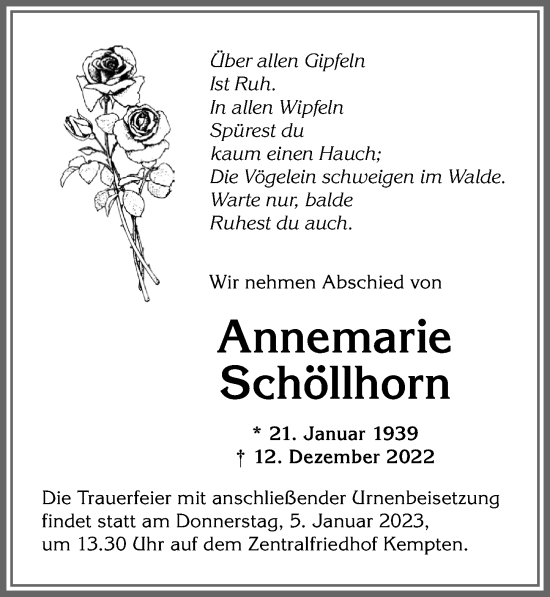 Traueranzeige von Annemarie Schöllhorn von Allgäuer Zeitung, Marktoberdorf