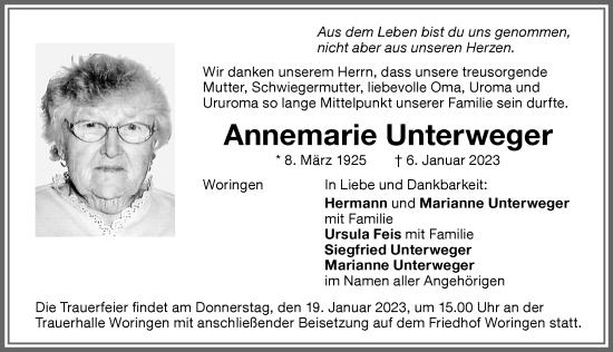 Traueranzeige von Annemarie Unterweger von Memminger Zeitung