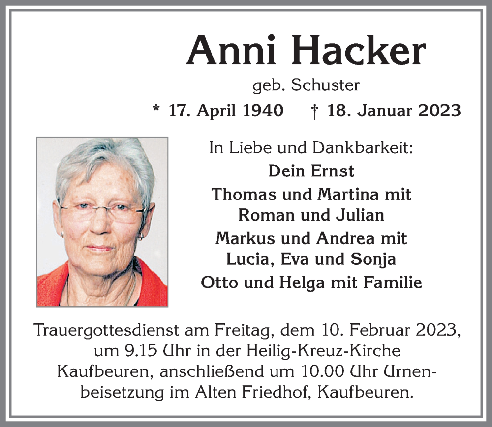  Traueranzeige für Anni Hacker vom 28.01.2023 aus Allgäuer Zeitung, Kaufbeuren/Buchloe