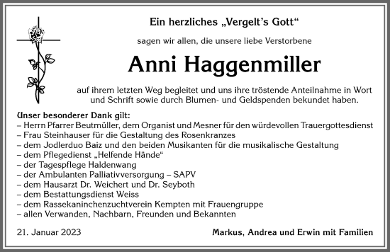 Traueranzeige von Anni Haggenmiller von Allgäuer Zeitung,Kempten