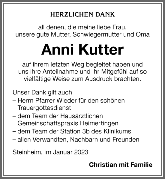 Traueranzeige von Anni Kutter von Memminger Zeitung