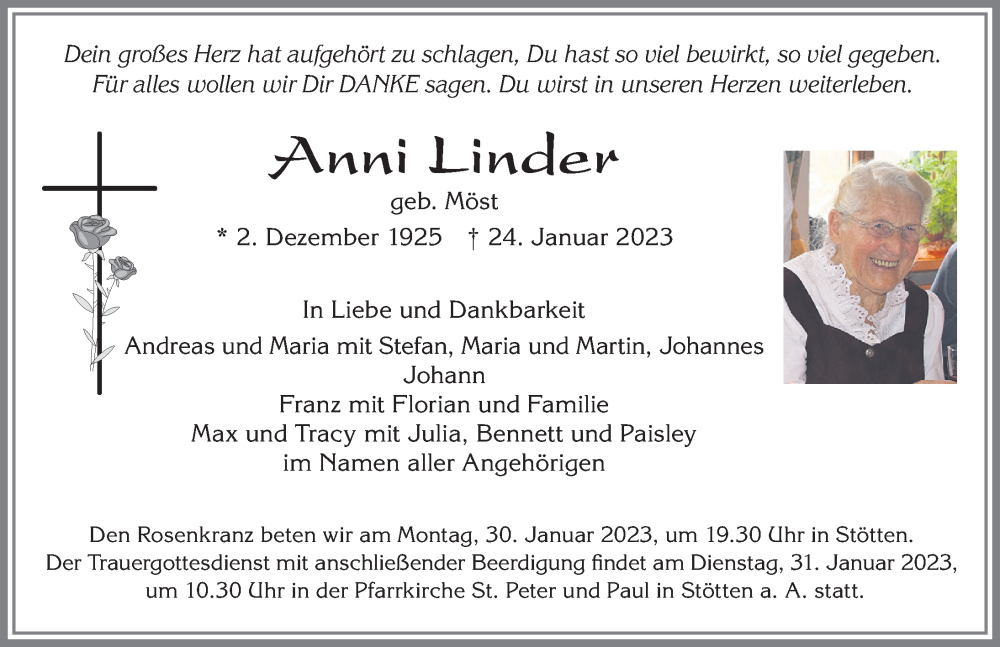  Traueranzeige für Anni Linder vom 28.01.2023 aus Allgäuer Zeitung, Marktoberdorf