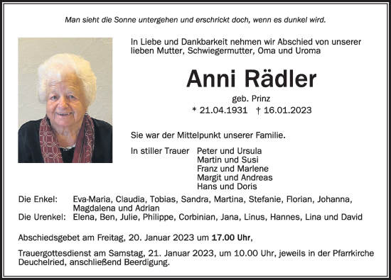 Traueranzeige von Anni Rädler von Der Westallgäuer