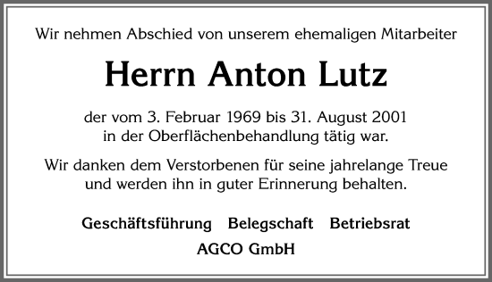 Traueranzeige von Anton Lutz von Allgäuer Zeitung, Marktoberdorf