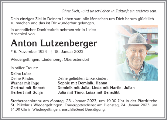 Traueranzeige von Anton Lutzenberger von Mindelheimer Zeitung, Augsburger Allgemeine