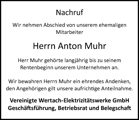 Traueranzeige von Anton Muhr von Allgäuer Zeitung, Kaufbeuren/Buchloe