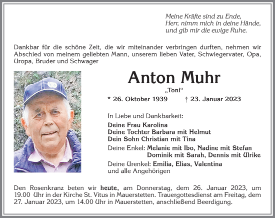 Traueranzeige von Anton Muhr von Allgäuer Zeitung, Kaufbeuren/Buchloe