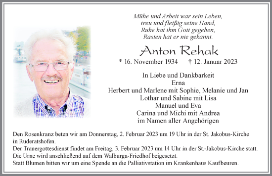 Traueranzeige von Anton Rehak von Allgäuer Zeitung, Marktoberdorf