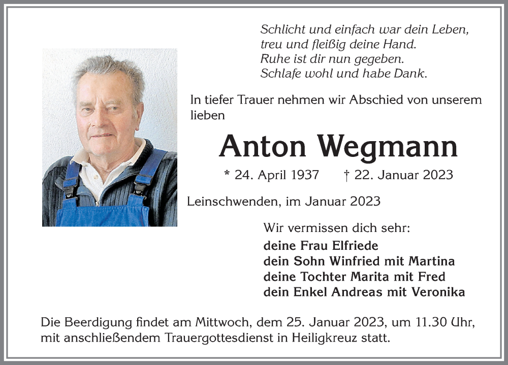  Traueranzeige für Anton Wegmann vom 24.01.2023 aus Allgäuer Zeitung,Kempten