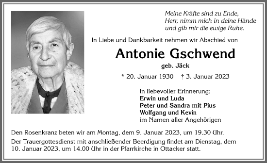 Traueranzeige von Antonie Gschwend von Allgäuer Zeitung,Kempten