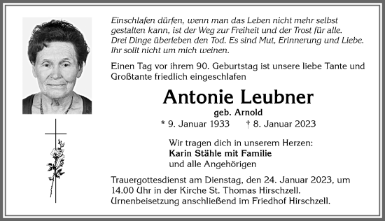 Traueranzeige von Antonie Leubner von Allgäuer Zeitung, Kaufbeuren/Buchloe
