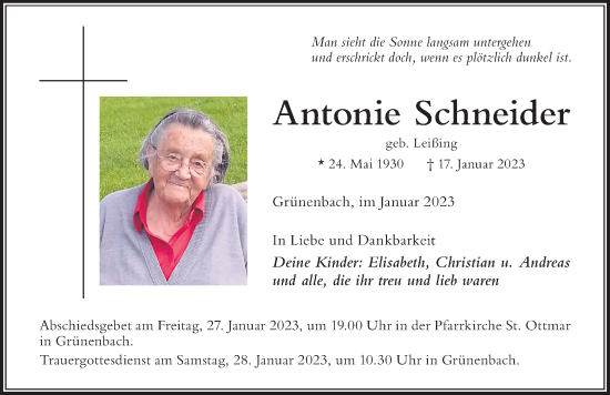 Traueranzeige von Antonie Schneider von Der Westallgäuer