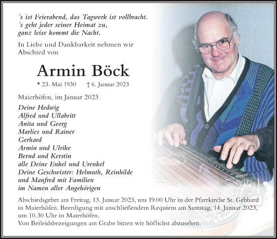Traueranzeige von Armin Böck von Allgäuer Zeitung,Kempten