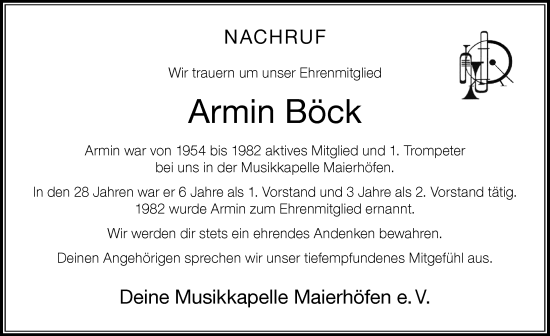 Traueranzeige von Armin Böck von Der Westallgäuer