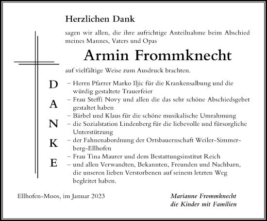 Traueranzeige von Armin Frommknecht von Der Westallgäuer