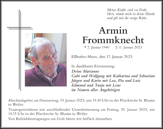 Traueranzeige von Armin Frommknecht von Der Westallgäuer