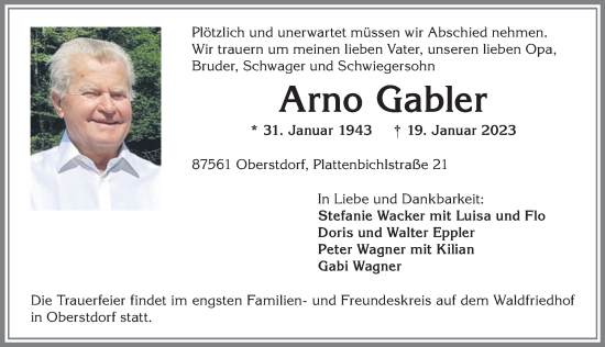 Traueranzeige von Arno Gabler von Allgäuer Anzeigeblatt