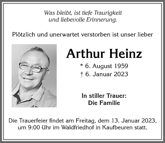 Traueranzeige von Arthur Heinz von Allgäuer Zeitung, Kaufbeuren/Buchloe