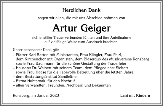 Traueranzeige von Artur Geiger von Allgäuer Zeitung, Marktoberdorf