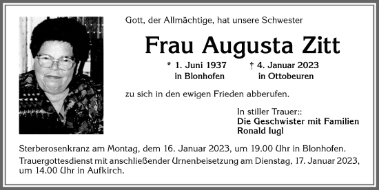 Traueranzeige von Augusta Zitt von Allgäuer Zeitung, Kaufbeuren/Buchloe