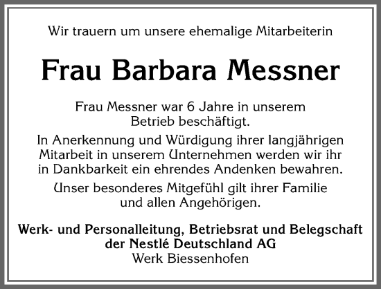 Traueranzeige von Barbara Messner von Allgäuer Zeitung, Marktoberdorf