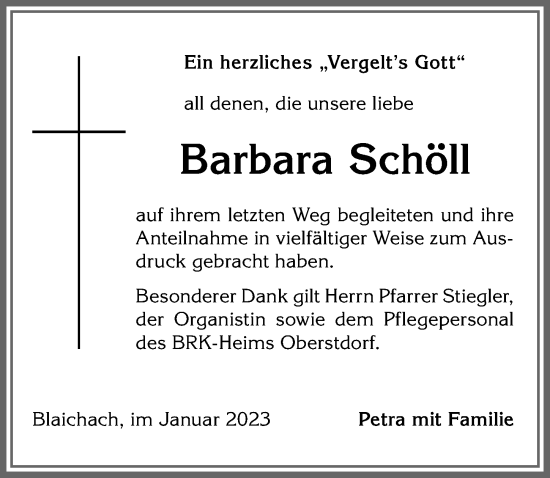 Traueranzeige von Barbara Schöll von Allgäuer Anzeigeblatt