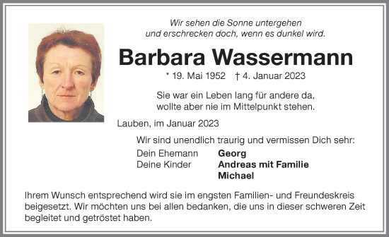 Traueranzeige von Barbara Wassermann von Memminger Zeitung
