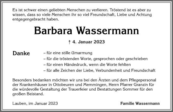 Traueranzeige von Barbara Wassermann von Memminger Zeitung