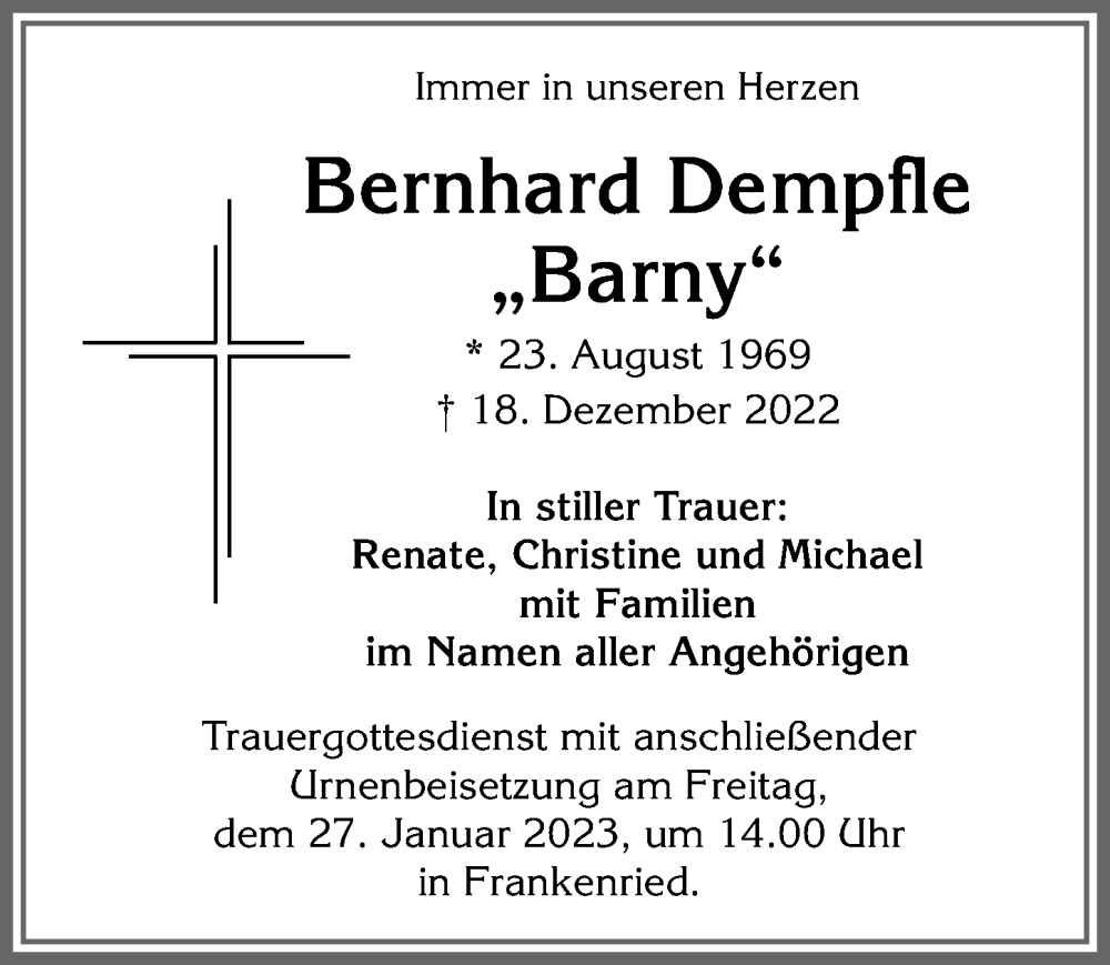  Traueranzeige für Bernhard Dempfle vom 21.01.2023 aus Allgäuer Zeitung, Kaufbeuren/Buchloe