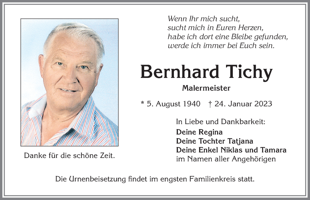  Traueranzeige für Bernhard Tichy vom 28.01.2023 aus Allgäuer Zeitung, Kaufbeuren/Buchloe