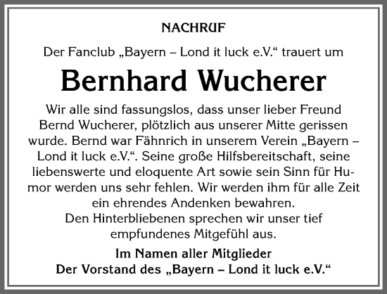 Traueranzeige von Bernhard Wucherer von Allgäuer Anzeigeblatt