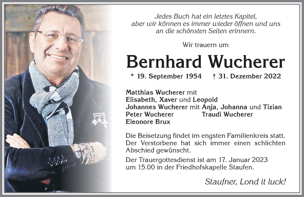  Traueranzeige für Bernhard Wucherer vom 12.01.2023 aus Allgäuer Anzeigeblatt