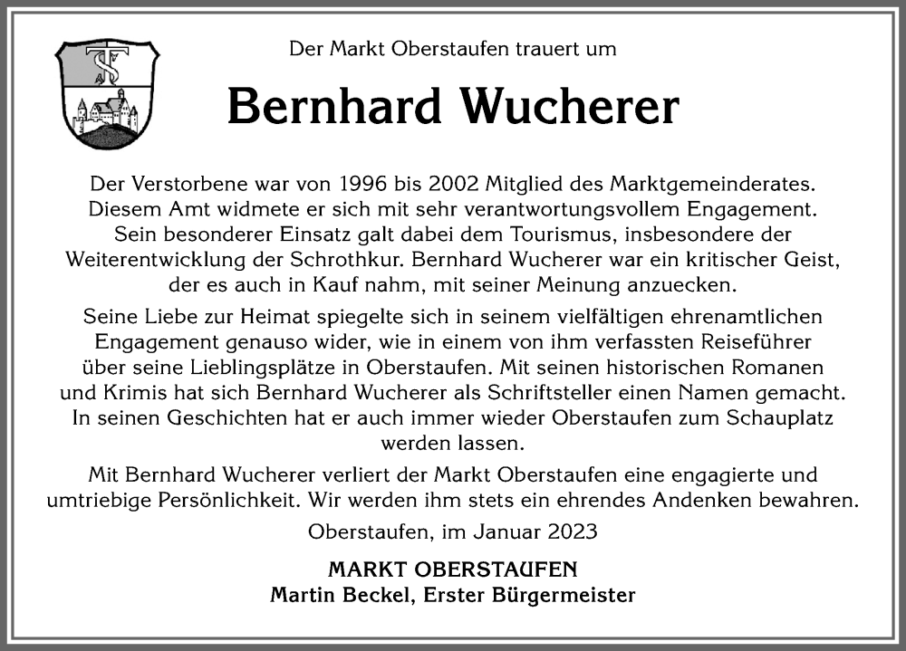  Traueranzeige für Bernhard Wucherer vom 12.01.2023 aus Allgäuer Anzeigeblatt