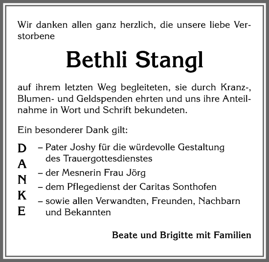 Traueranzeige von Bethli Stangl von Allgäuer Anzeigeblatt