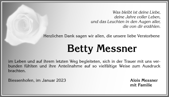 Traueranzeige von Betty Messner von Allgäuer Zeitung, Marktoberdorf