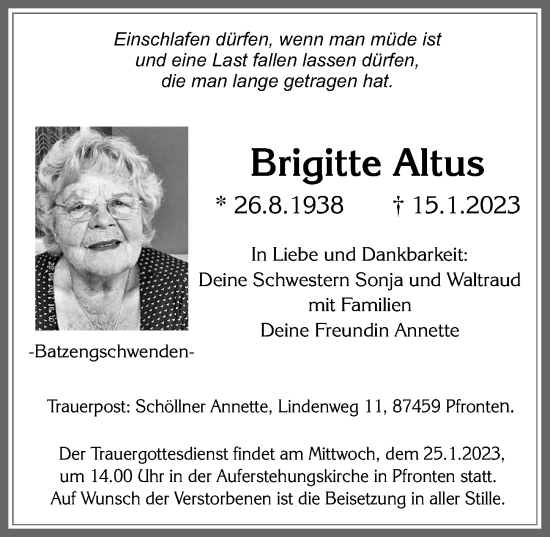 Traueranzeige von Brigitte Altus von Allgäuer Zeitung, Füssen