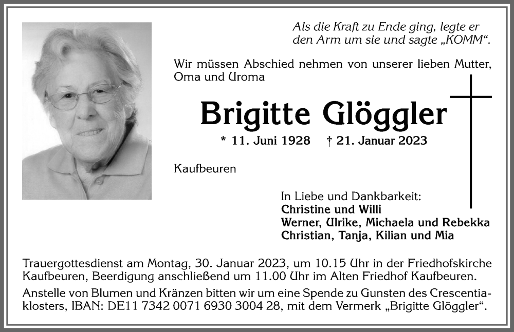  Traueranzeige für Brigitte Glöggler vom 26.01.2023 aus Allgäuer Zeitung, Kaufbeuren/Buchloe