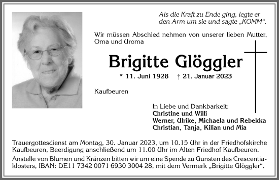 Traueranzeige von Brigitte Glöggler von Allgäuer Zeitung, Kaufbeuren/Buchloe