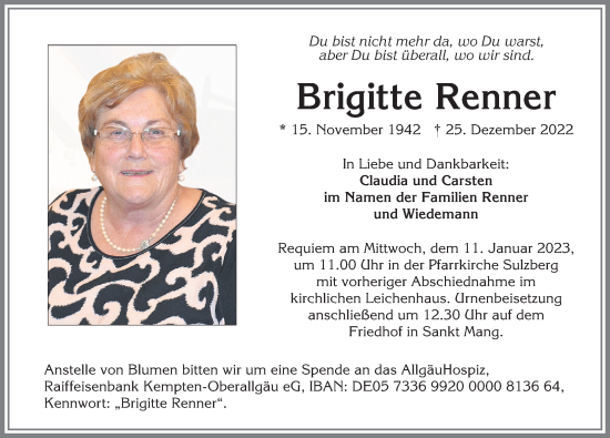 Traueranzeige von Brigitte Renner von Allgäuer Zeitung,Kempten