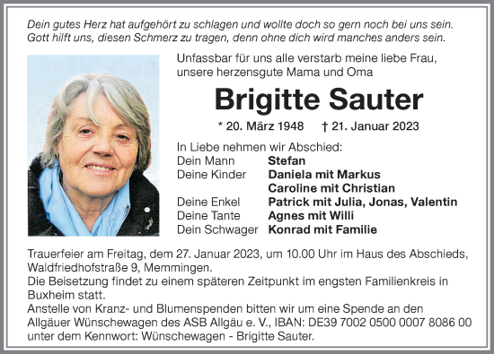 Traueranzeige von Brigitte Sauter von Memminger Zeitung