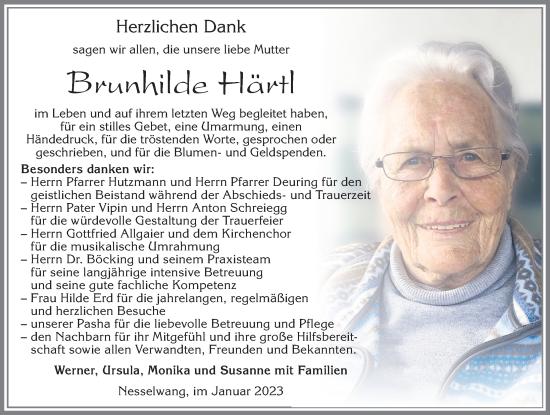 Traueranzeige von Brunhilde Härtl von Allgäuer Zeitung, Füssen