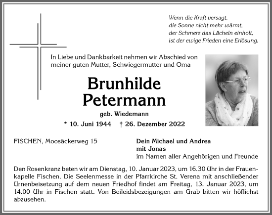Traueranzeige von Brunhilde Petermann von Allgäuer Anzeigeblatt