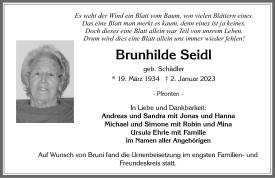 Traueranzeige von Brunhilde Seidl von Allgäuer Zeitung, Füssen